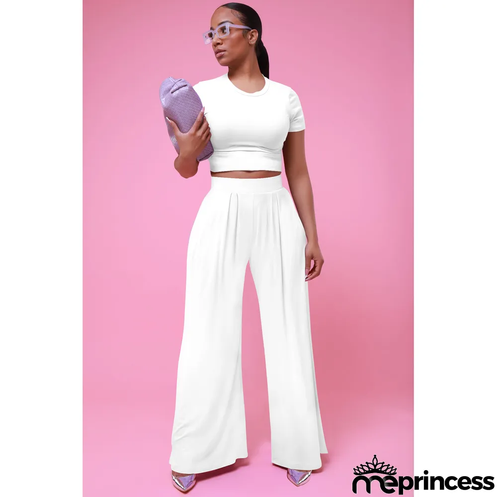 Casual Solid Short Sleeve Wide Leg Pant Two Piece Set