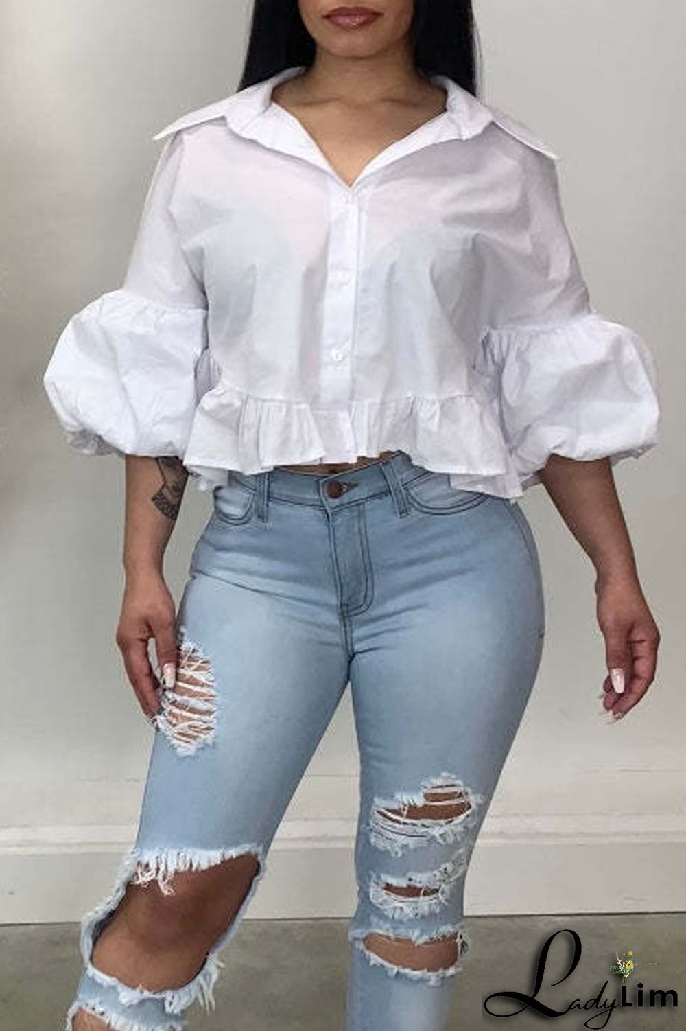 White Casual Solid Split Joint Buckle Turndown Collar Tops