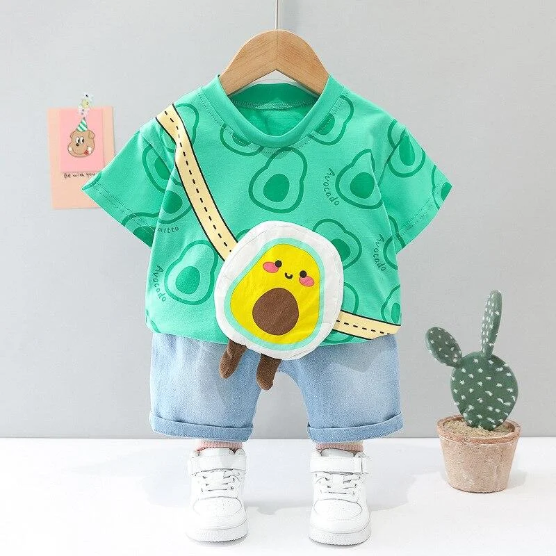 Summer Children Clothes Toddler Boy Short Sleeve Set Cotton Pullover Top 2 Pieces Fashion Novelty Cartoon Fruit Avocado Pattern