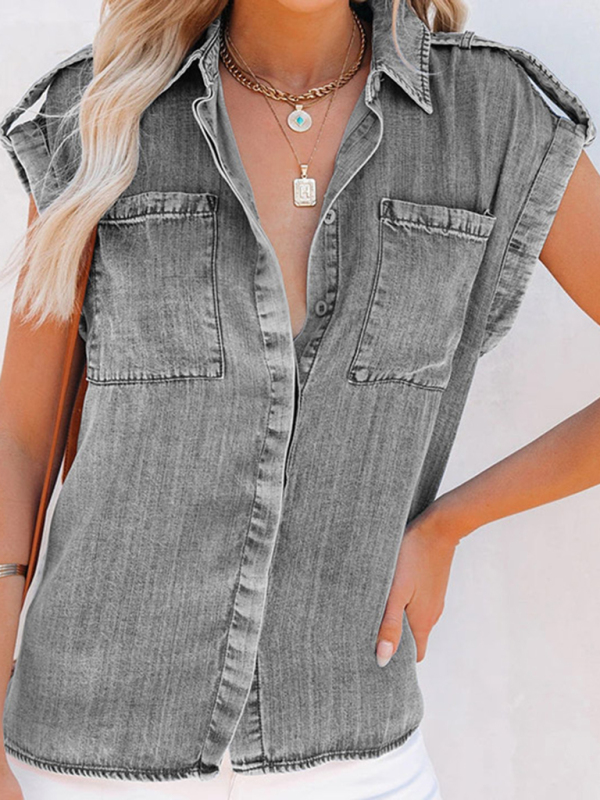 Mature Women Summer Sleeveless Straight Pocket Denim Shirt Top