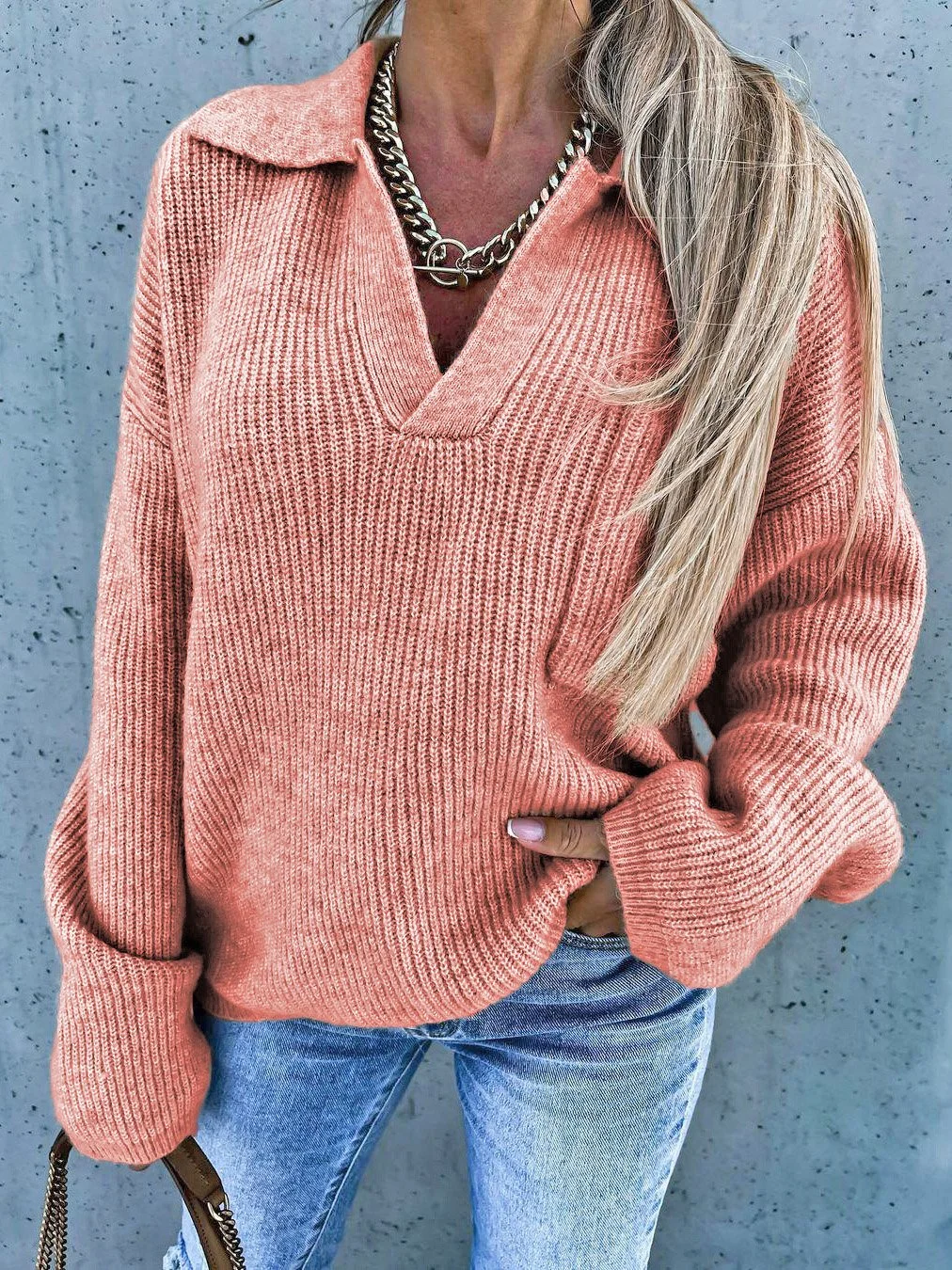 Women's Long Sleeve V-neck Pocket Sweater Top