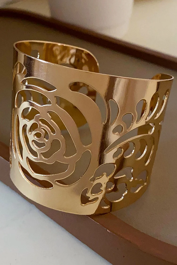 Hollow Out Flower Leaves Alloy Cuff Bracelet-Gold