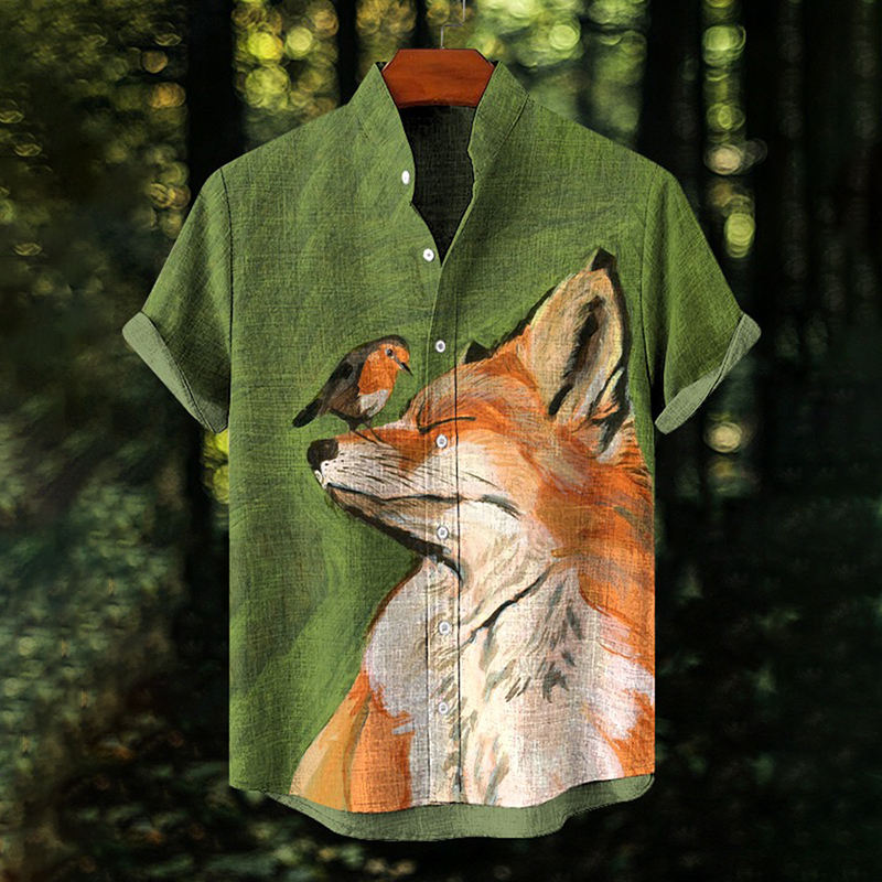 Comstylish Men's Fox And Birds Fall Art Print Short Sleeve Shirt