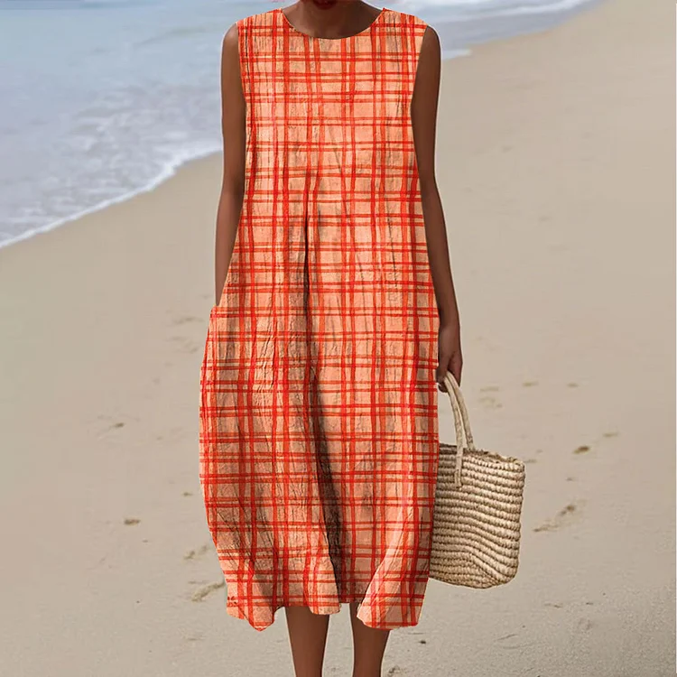 Women's Vintage Line Art Print Sleeveless Cotton Pocket Wrap Dress