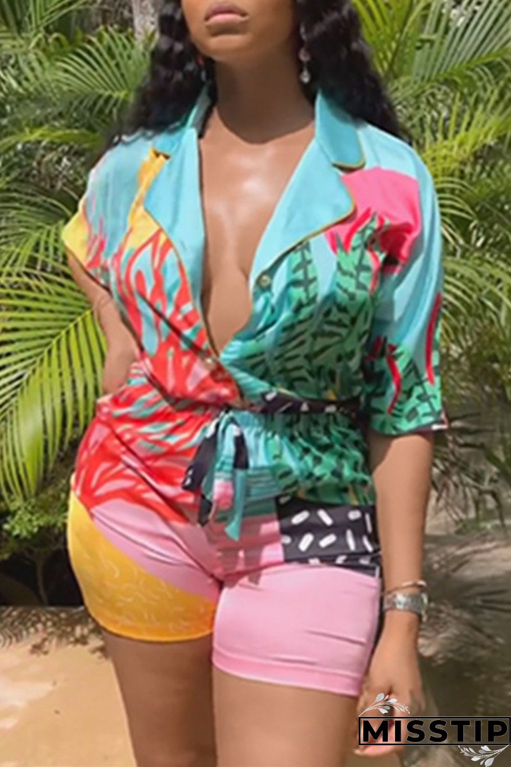 Multicolor Fashion Casual Print Basic Turndown Collar Short Sleeve Two Pieces