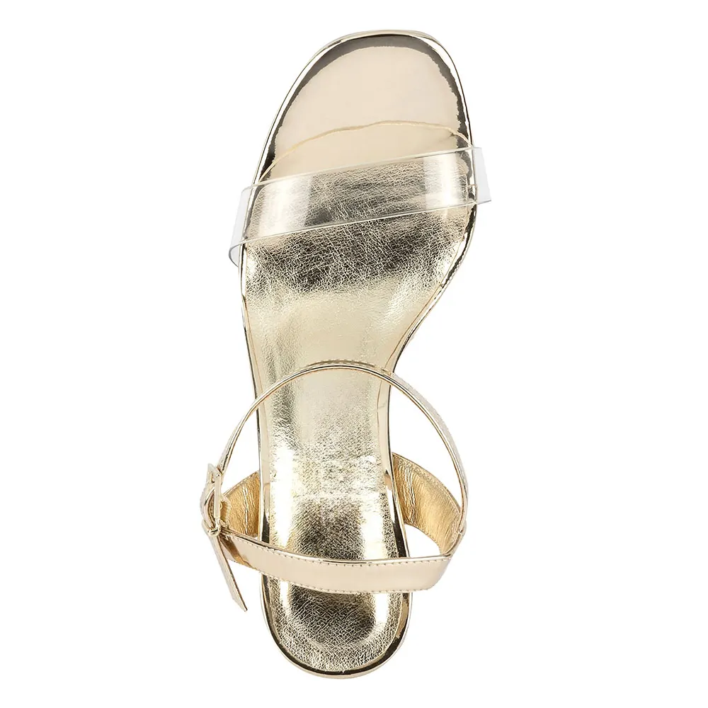 Fashion Metallic Square Toe Buckle Clear Gold Sandals with Platform