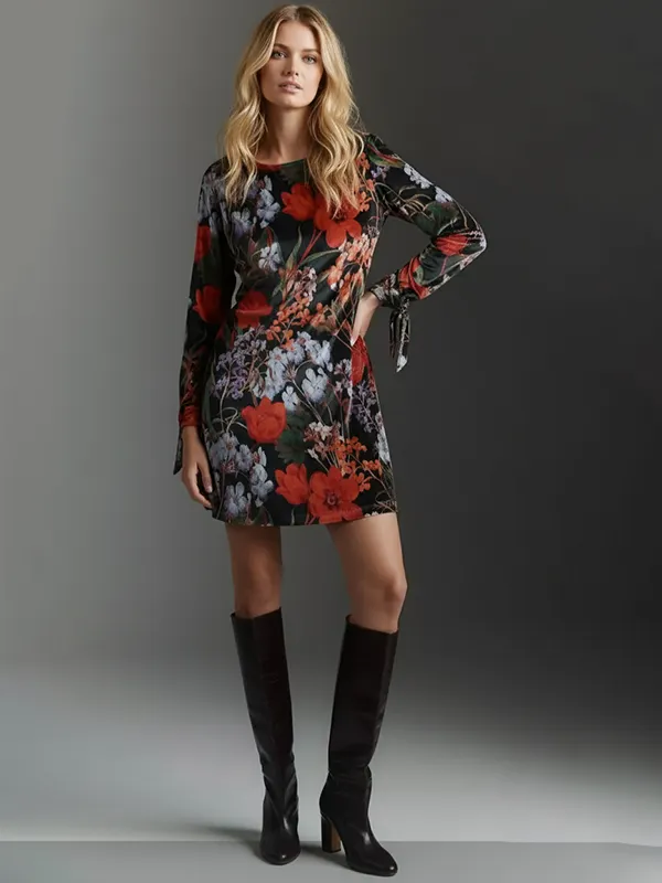 Contrast Color Flower Print Long Sleeves Loose Coat