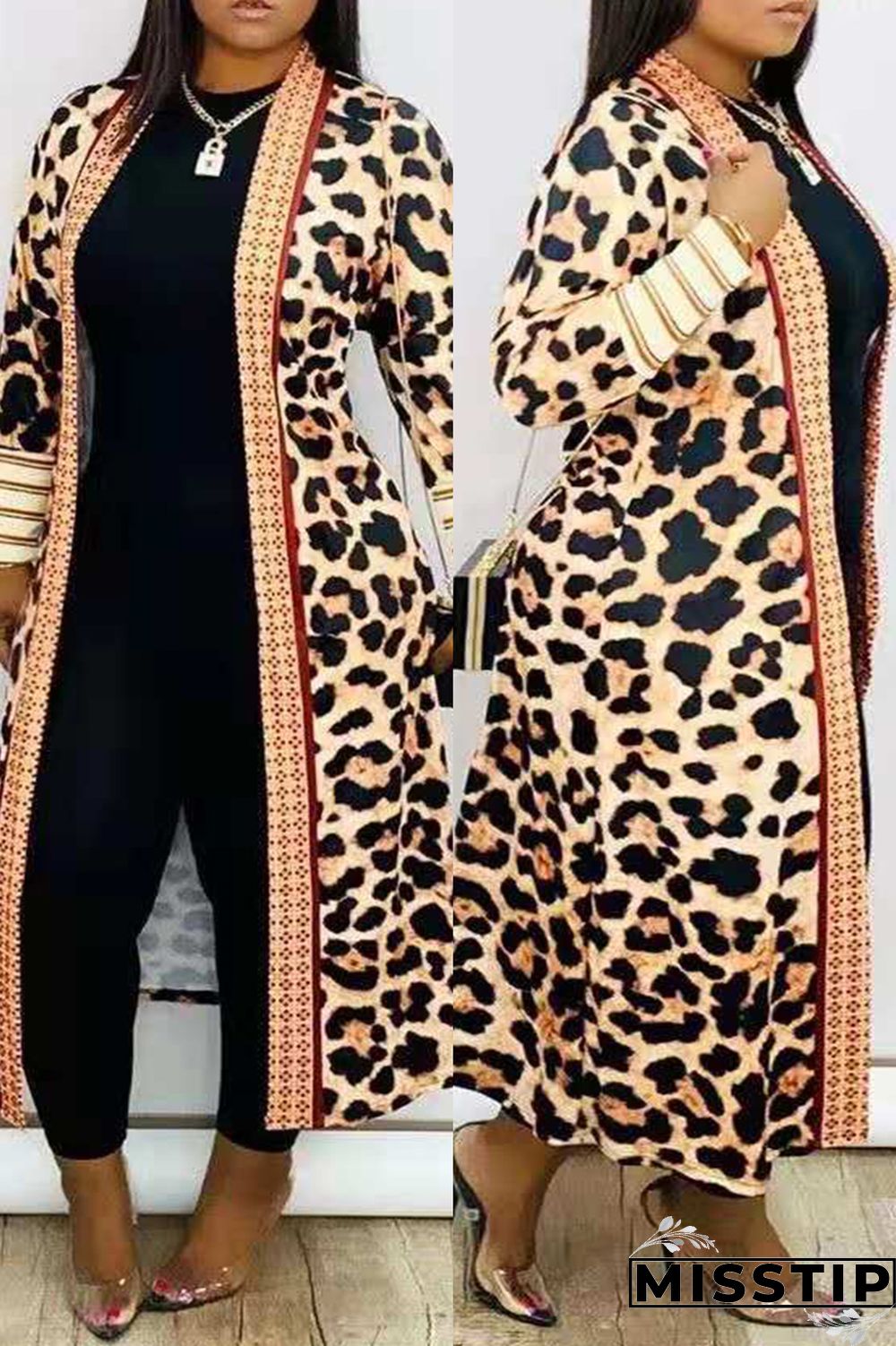 Red Fashion Casual Print Leopard Cardigan Plus Size Overcoat