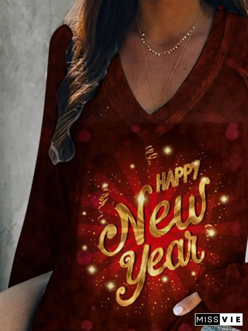 Happy New Year Printed V Neck Long Sleeve T-shirts