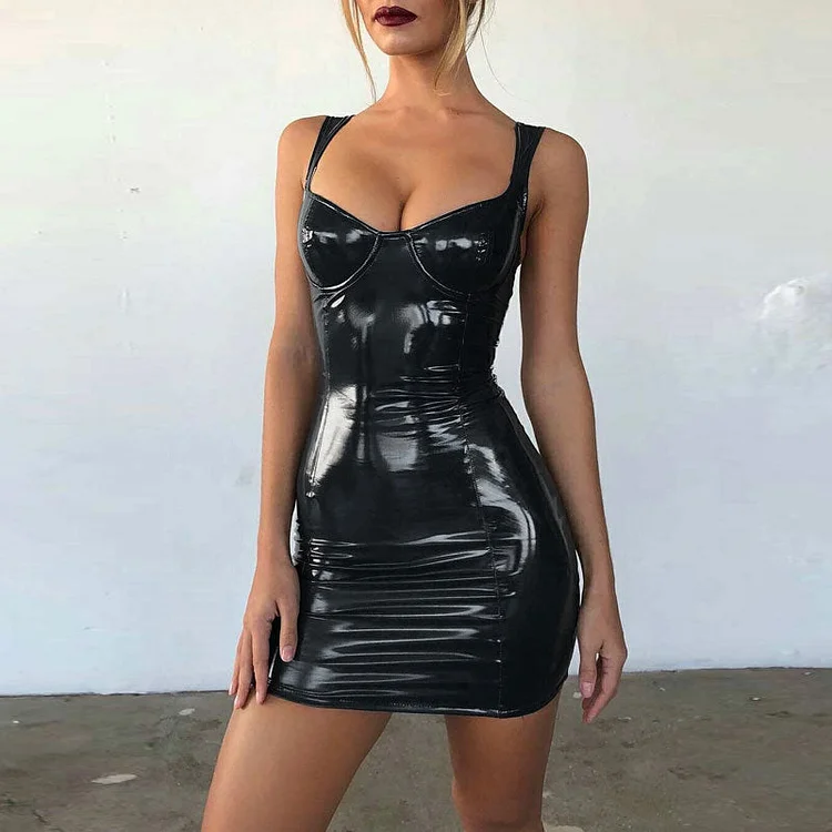 Solid Sleeveless PU Leather Bodycon Dress - IRBOOM Fashion Clothing