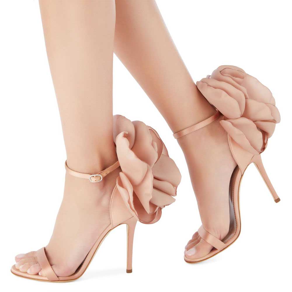 Blush Satin Square Toe Stiletto Heel Floral Inlay Ankle Strap Sandals Nicepairs