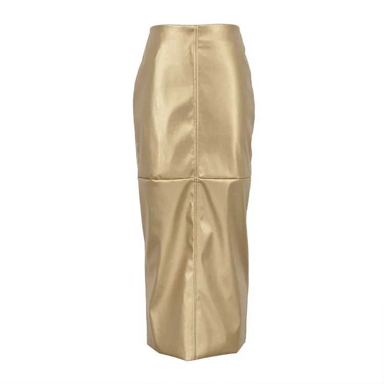 Ueong Ueong Style 2024 New Temperament Splicing Design Sense Metallic Color PU Leather Skirt Package Hip Half Skirt Women