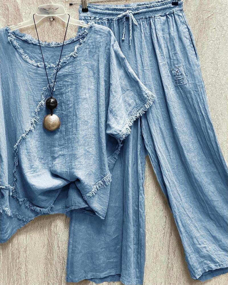 Casual Pure Color Decorating Round Neck Short Sleeve Suit