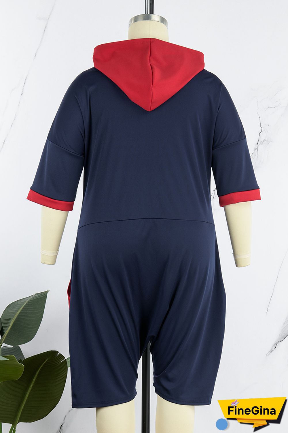 Blue Red Casual Print Patchwork Contrast Hooded Collar Plus Size Romper