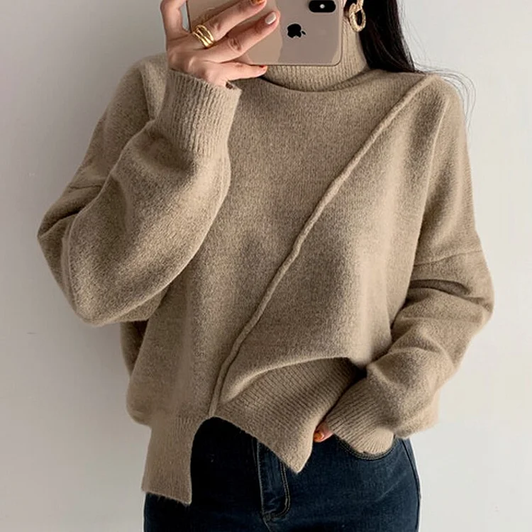 Warm Solid Color Turtleneck Long Sleeve Cashmere Knitted Sweater  