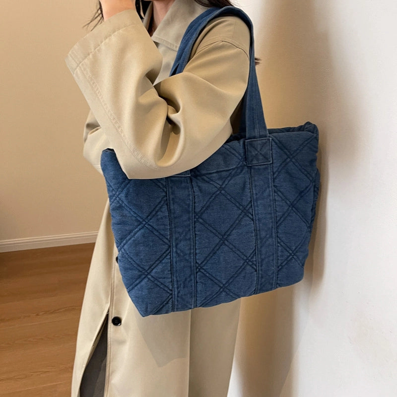 Ina Style Japanese Style Denim Single Shoulder Bag Rhombus Design Fashionable Rui Camp Hand Bag Women’s Bag Underarm Tote Bag