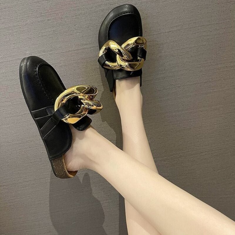 Sandals Brand Designed Women's Slippers Fashion Big Gold Chain Sandals Shoes Mul Round Toe Slippers Flat Heel Casual Slippers 42