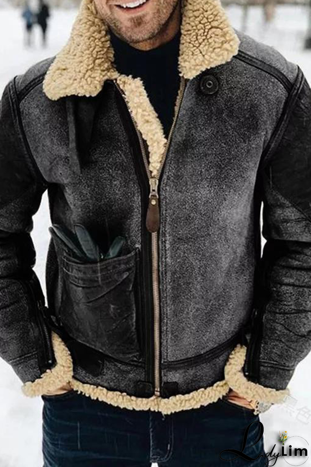 Light Gray Fashion Casual Patchwork Pocket Zipper Turndown Collar Outerwear