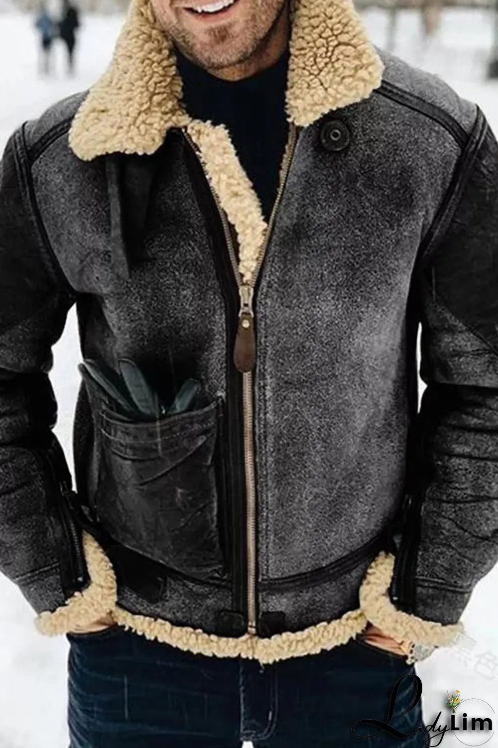 Light Gray Fashion Casual Patchwork Pocket Zipper Turndown Collar Outerwear
