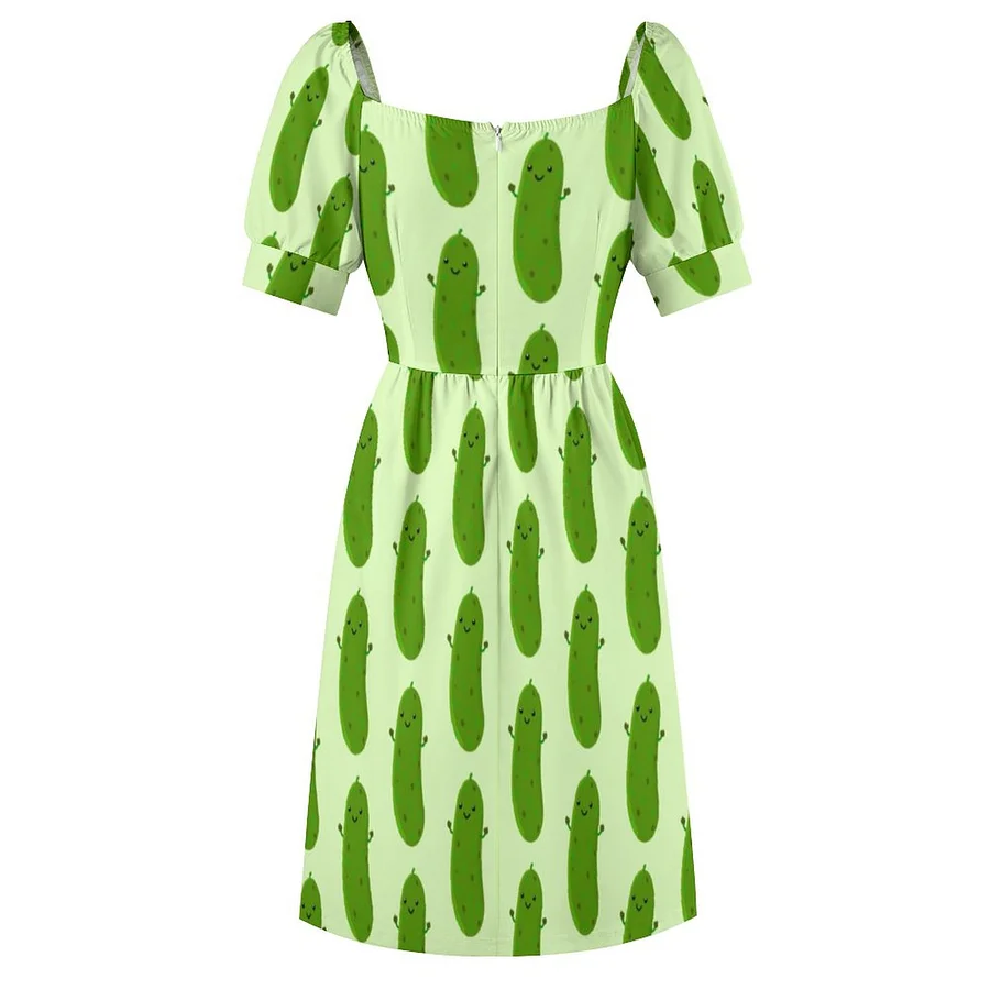 Cute Happy Pickle Cartoon Illustration Dress Women Boho High Waist Flared Puff Sleeve Cute Sweetheart Midi Dress Green-S Cute Happy Pickle Cartoon Illustration Dress Women Boho High Waist Flared Puff Sleeve Cute Sweetheart Midi Dress Green-S