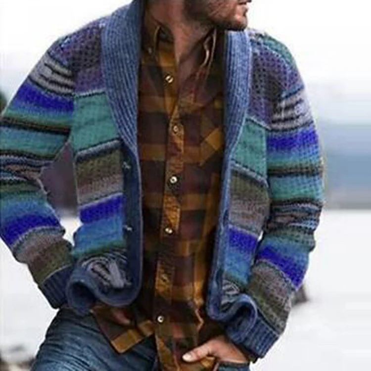 Casual men's loose printed long sleeved knitted cardigan coat