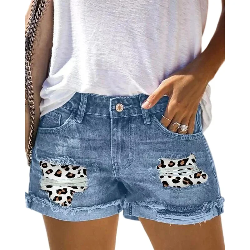 Women's Jeans Shorts Denim Light Blue Mid Waist Fashion Casual Weekend Cut Out Print Micro-elastic Short Comfort Leopard S M L XL XXL | IFYHOME
