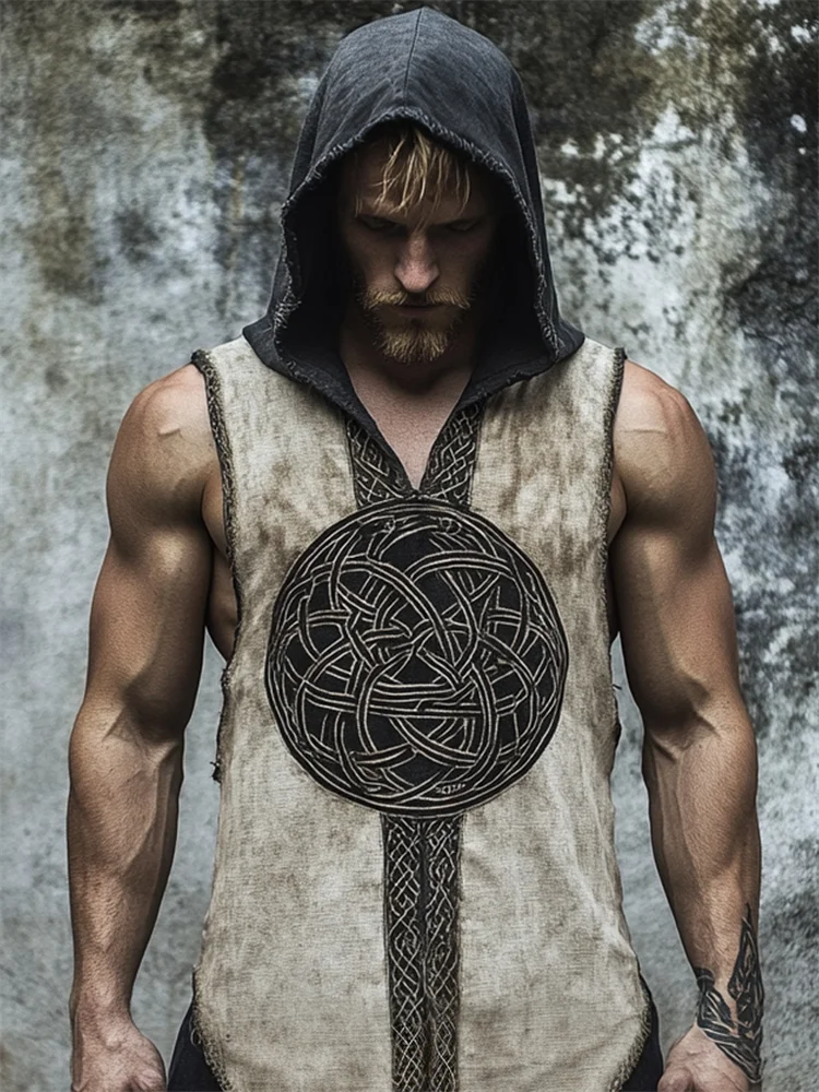 Men's Viking Celtic Knot Contrast Color Hooded Linen Vest