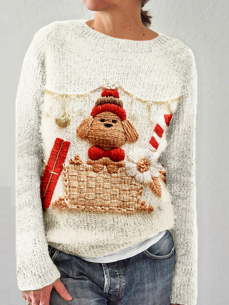 Comstylish Cute Christmas Dog Embroidered Cozy Knit Sweater