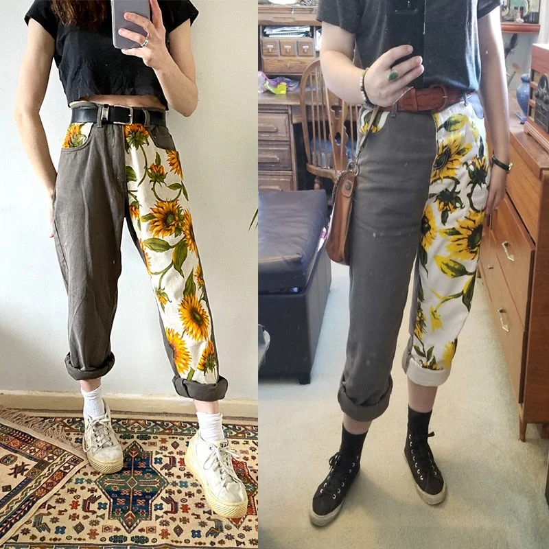 Women Harem Gray Jeans High Waist Daisy Sunflower Printed Cute Retro Splice Denim Female Streetwear Straight Ladies Jean Pants