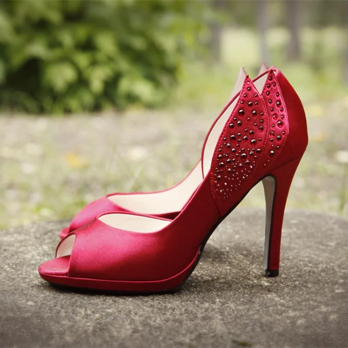 Red Satin Evening Shoes Peep Toe Rhinestone D'orsay Pumps for Prom |FSJ Shoes