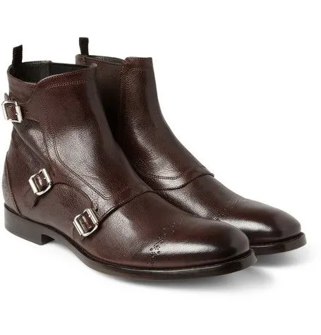 Men's Triple Monk Dress Boot, Brown Leather Ankle Boot