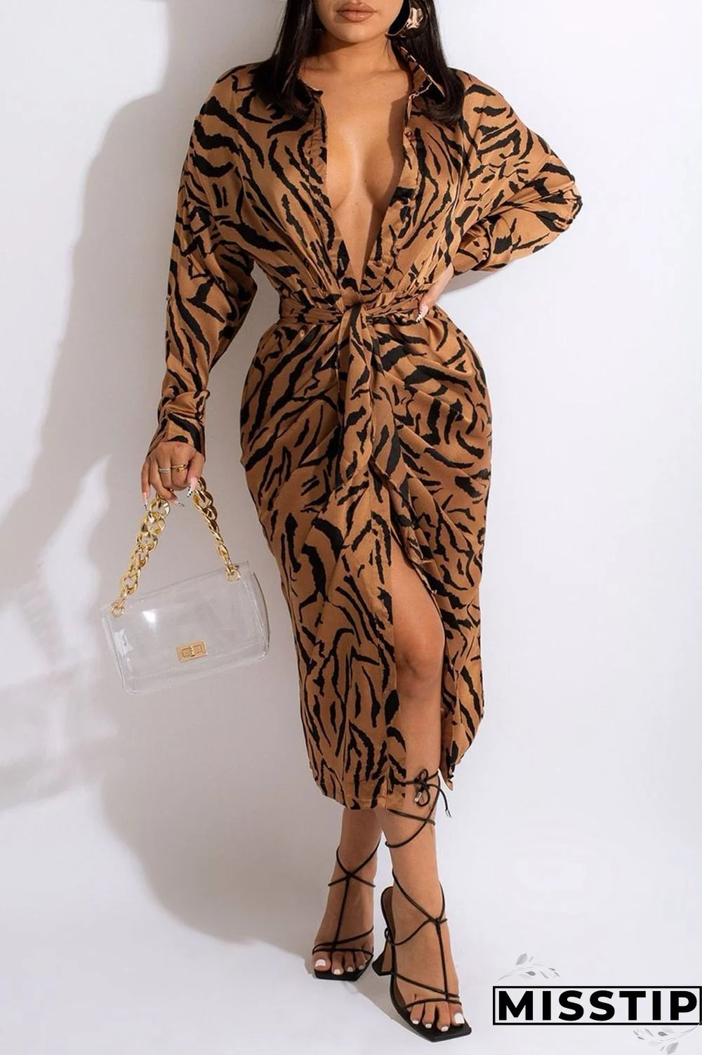 Apricot Casual Print Patchwork Buckle With Belt Turndown Collar Shirt Dress Dresses