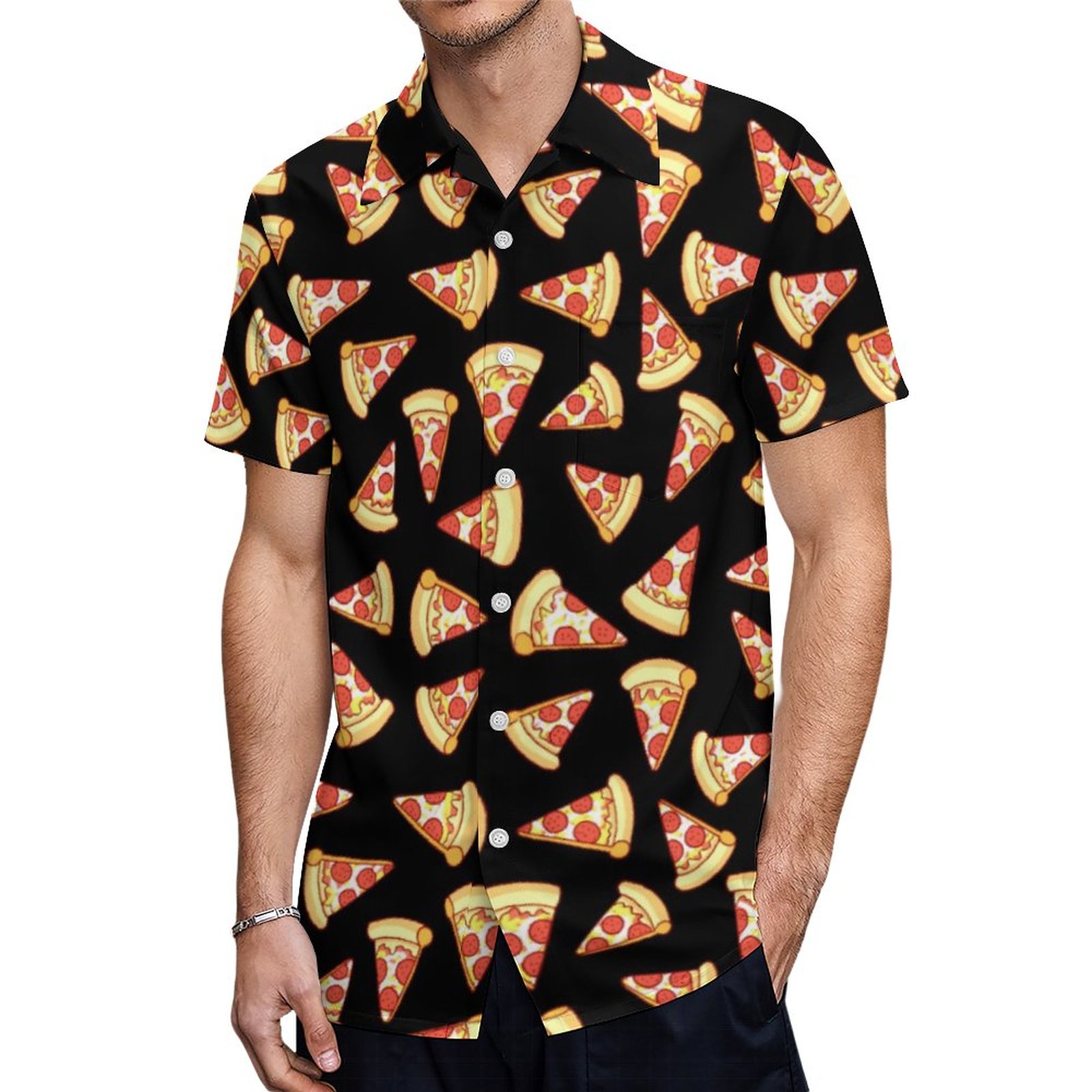 Pepperoni Pizza Slice Drawing Pattern Hawaiian Shirt Mens Button Down Plus Size Tropical Hawaii Beach Shirts