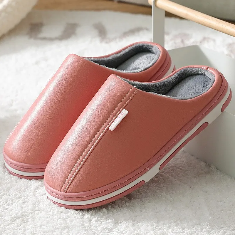 Men's Slippers Waterproof Men Slippers Leather Velvet Short Plush Indoor Fur Slippers Large Size Couple Shoes for Home