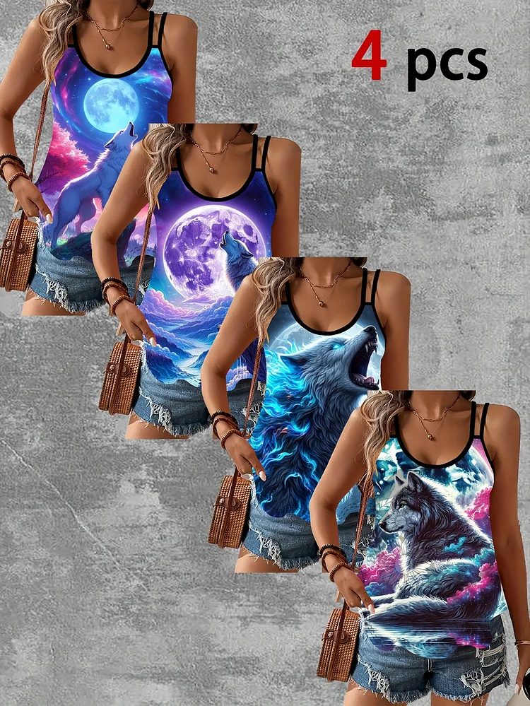 Women's Summer New 4pcs Camisole Set, Trendy Round Neck Casual Top With Cross Straps, European And American Style Wolf Print Fashionable Tank Tops, Sleeveless Off-Shoulder Vest, Stretchy Comfortable Breathable