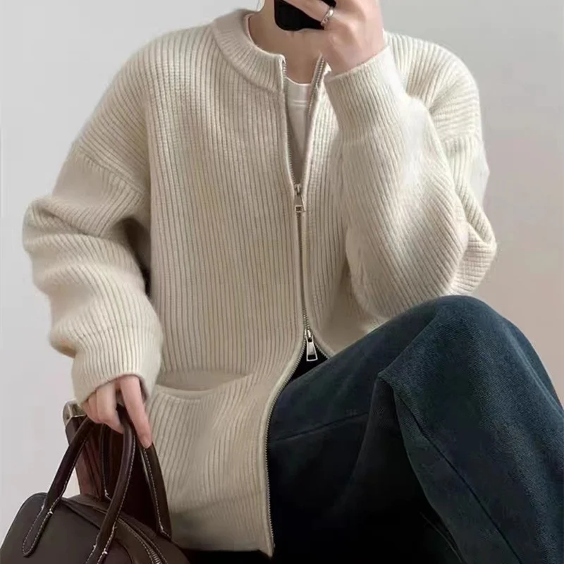 Ueong Zipper Solid Color Design Sense Cardigan Girl 2024 Autumn And Spring New Korean Style Loose Casual Knitted Shirt Girl