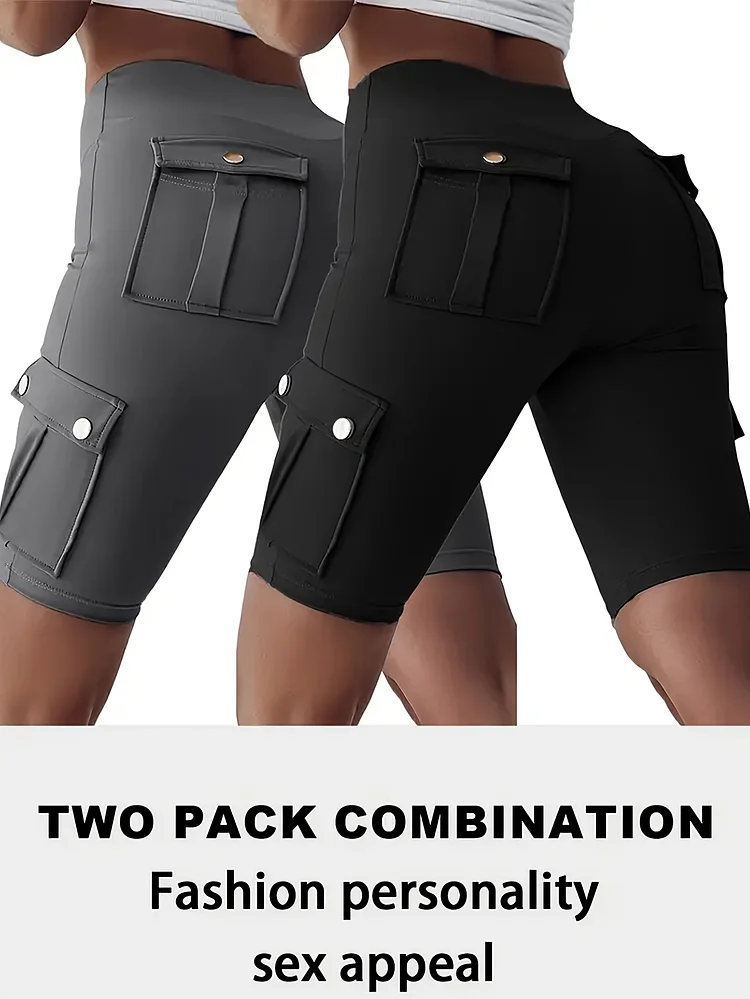 2 Pack Quick-Dry Sports Yoga Shorts Set, Solid Color, Women's Casual Sports Wear, Back Pocket