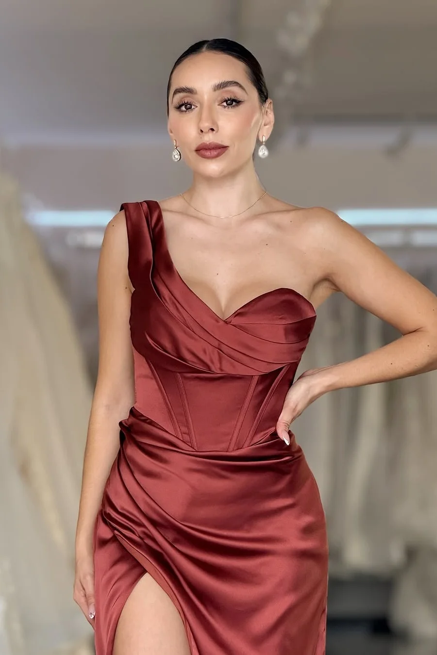 Daisda Sleeveless Strapless V-Neck Mermaid Pleated Prom Dress With Split