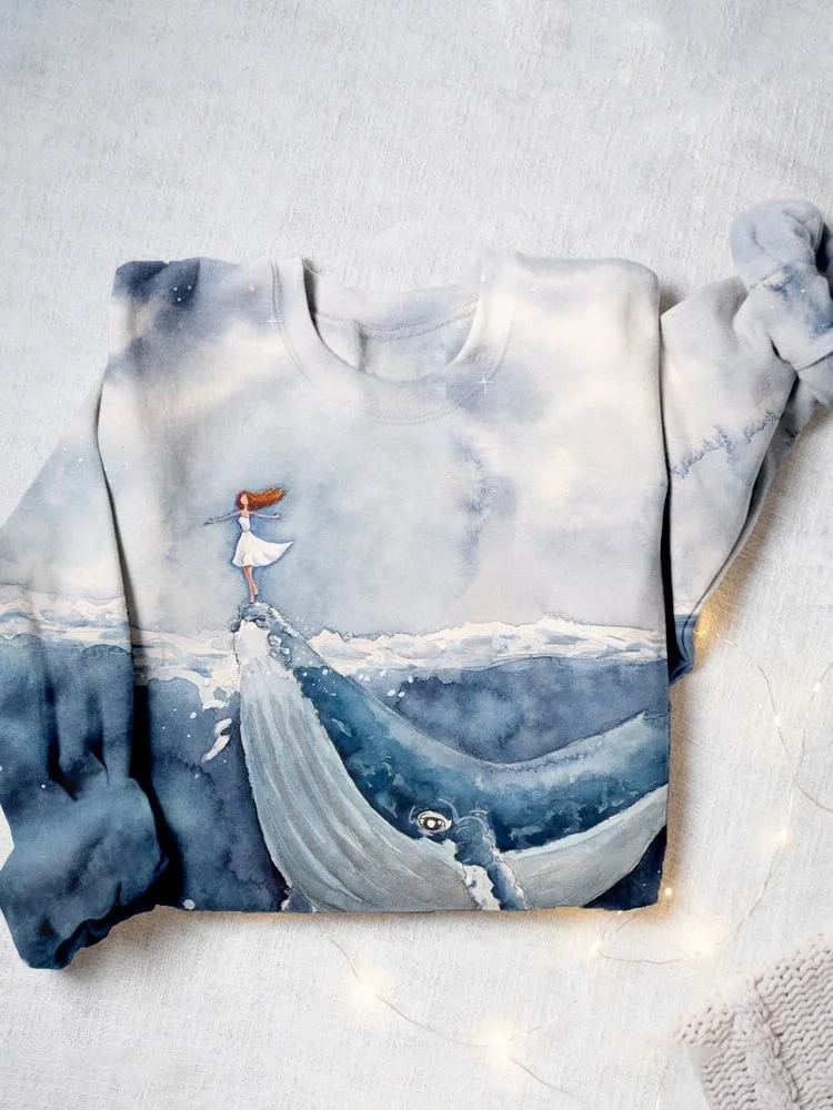 Whale & Girl Art Print Crew Neck Casual Sweatshirt / DarkAcademias /Darkacademias