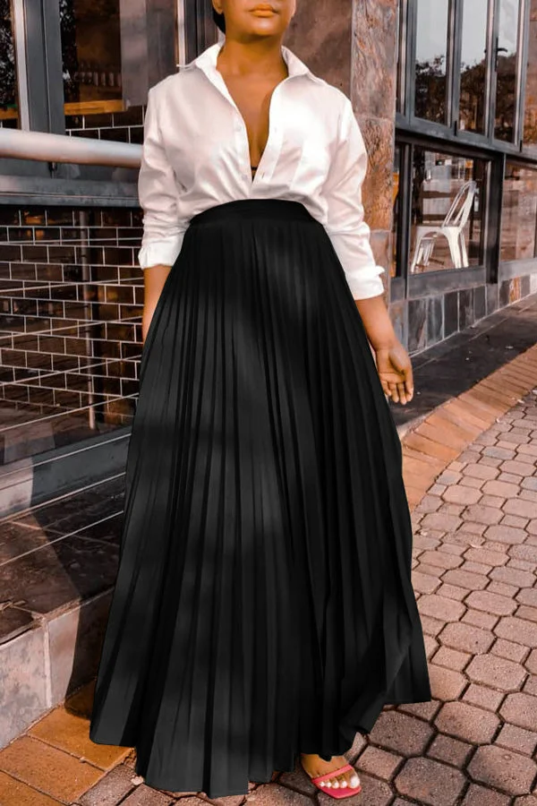 Fashion Solid Color High Waist Pleated Long Skirts
