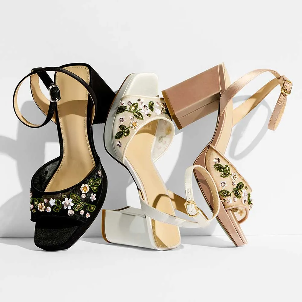 Black Square Toe Platform Floral Detail Ankle Strap Women Sandals