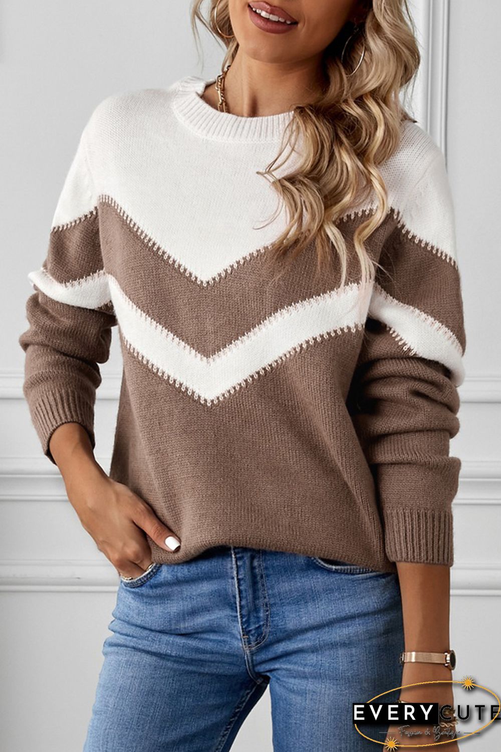 Khaki Chevron Colorblock Crew Neck Sweater
