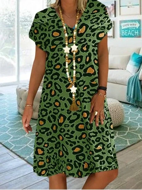 Loose Short Sleeve V-Neck Leopard Print Casual Dress