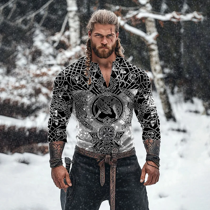 Men's Viking Tribal Celtic Wolf Inspired Henley Collar Long Sleeves Basic T-shirt