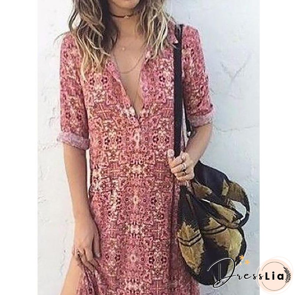 Women V-Neck Printed Split Skirt