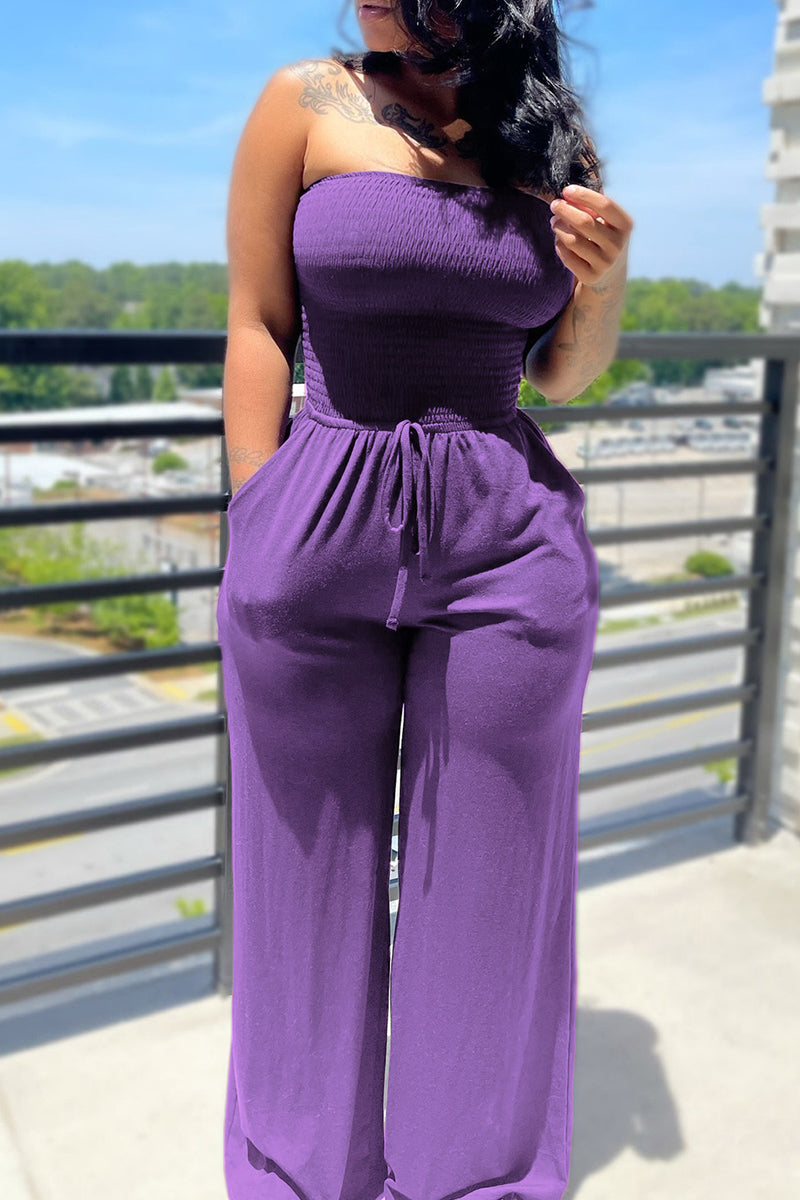 Sexy Casual Solid Backless Strapless Skinny Jumpsuits