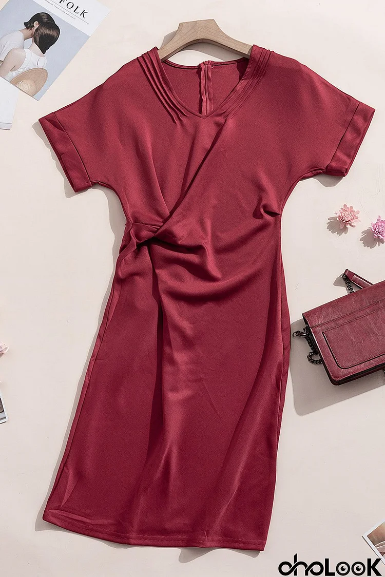 Red V Neck Cutout Inverted Pleat Office Dress