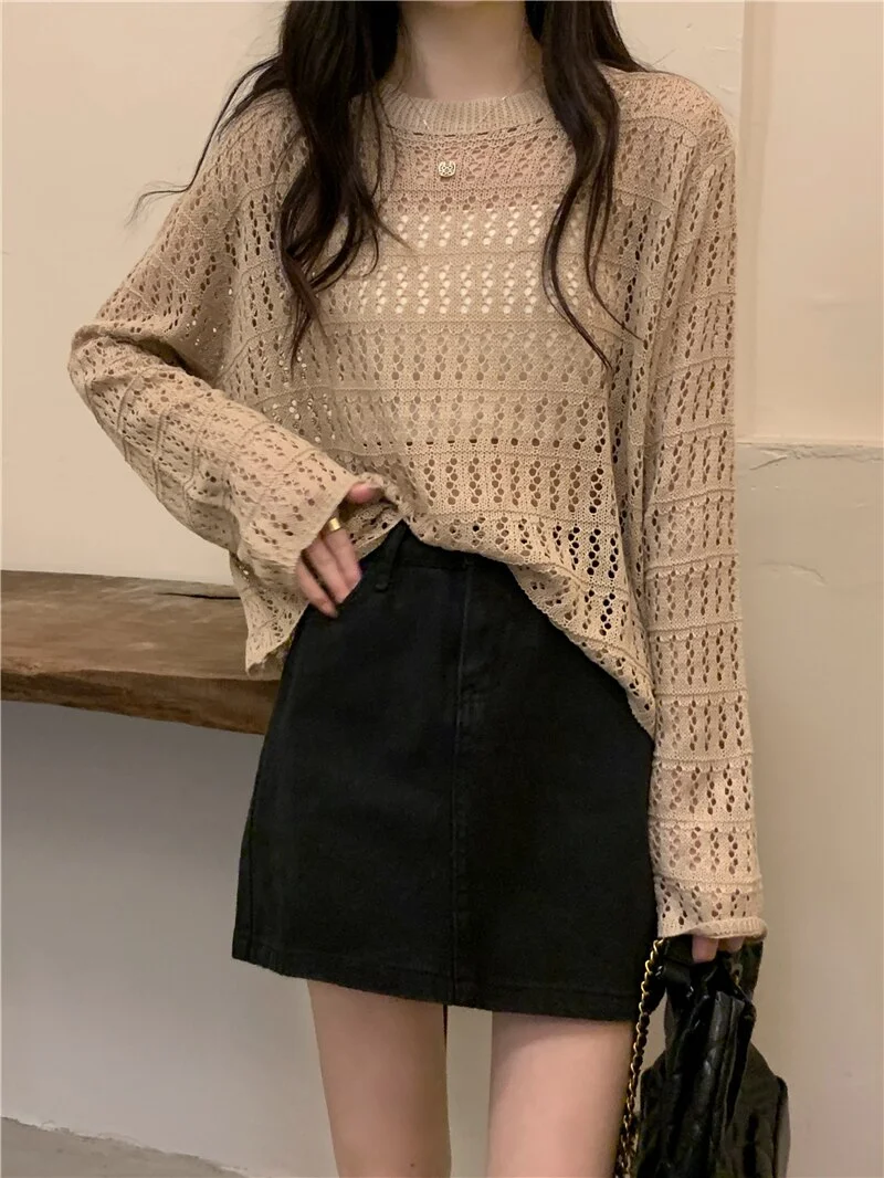 Ladies Fashion Mesh Hollowed Out See-through Pullover Sweater Tshirts Women Sexy Tops Female Girl Casual Knitted T-shirt Vy12730