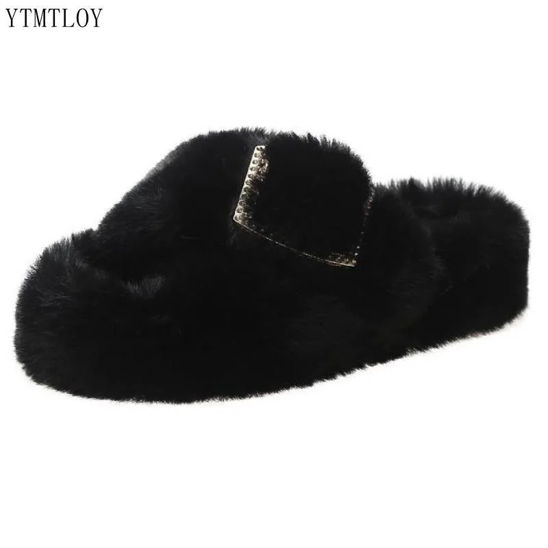 2022 New Women Fur Slippers Winter Slides Fluffy Furry Sandals Flip Flops Home Hot Ladies Plush Shoes Ytmtloy Indoor Zapato Muje