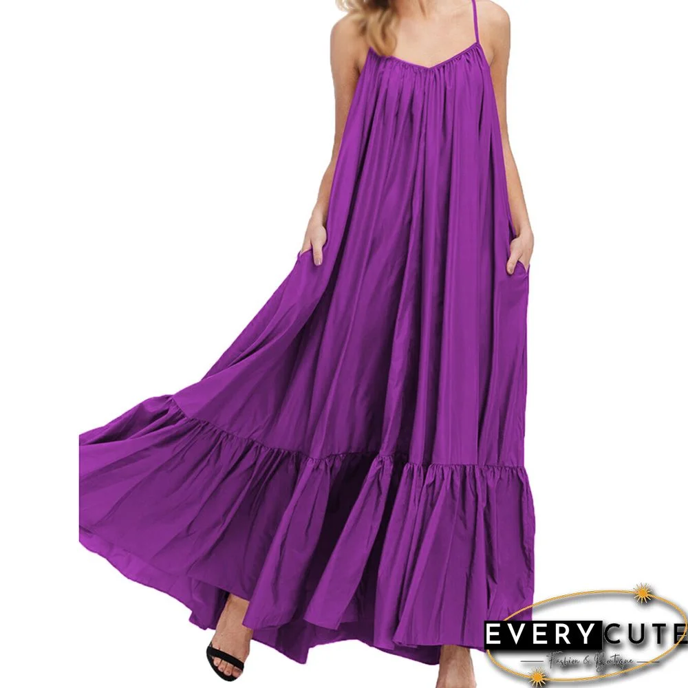 Purple Spaghetti Straps Pocket Casual Dress